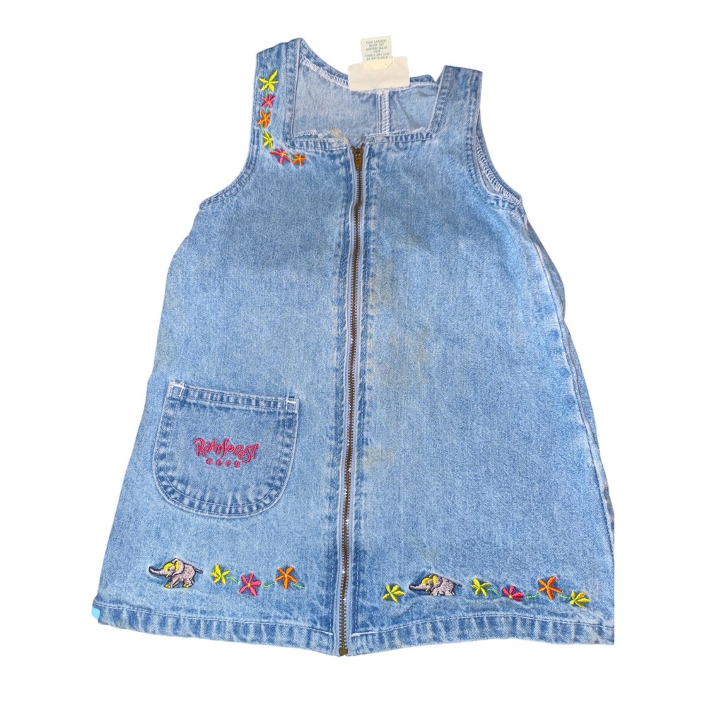 Vintage Rainforest Cafe Kids Denim Jumper Dress 3T Blue Zipper Front Embroidered
